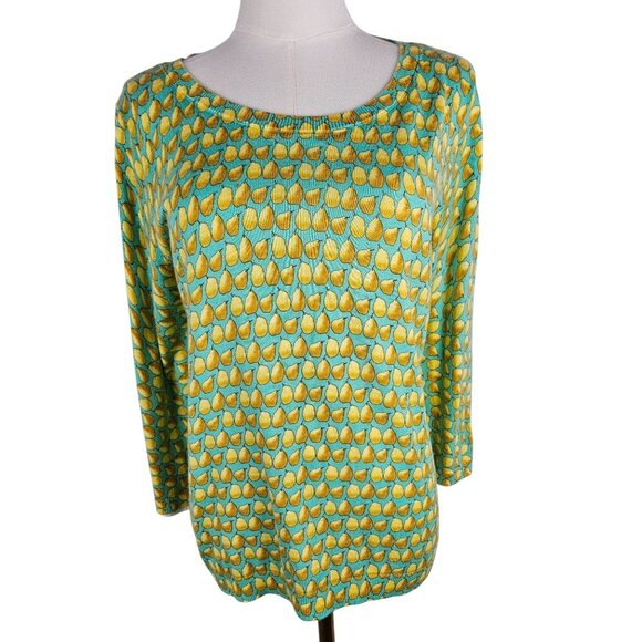 Talbots Sweater LP Faux Button-Back Pear Print Green Yellow Cottagecore - Picture 1 of 10